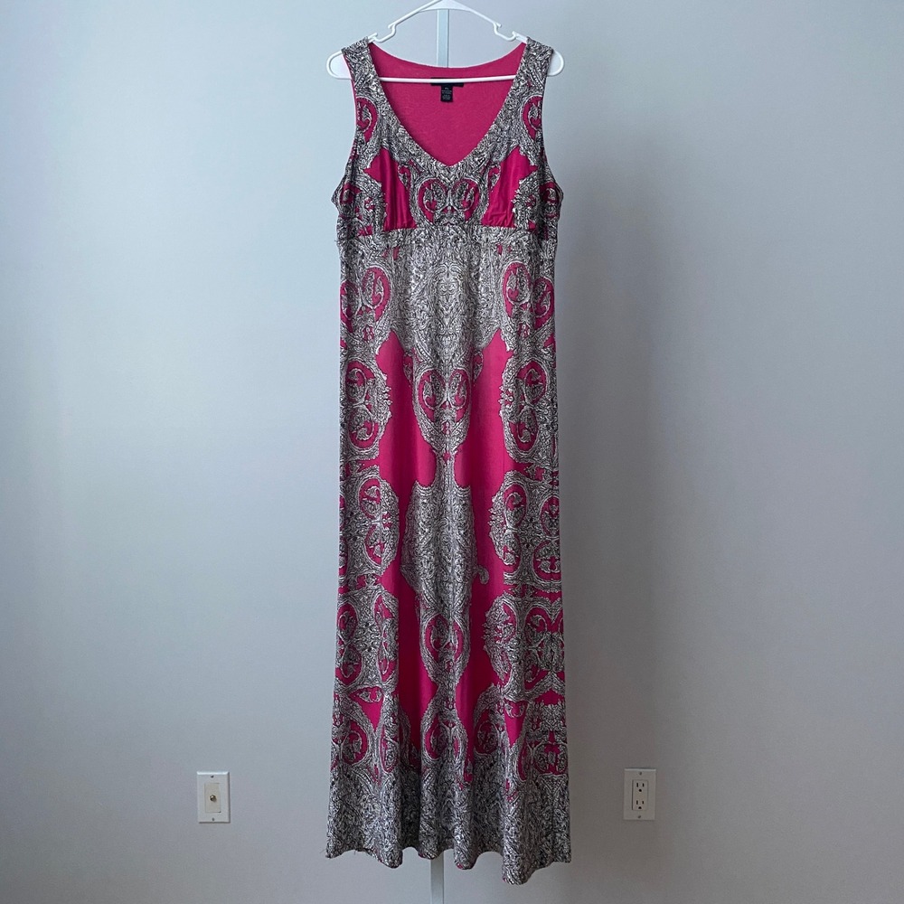INC Boho Relaxed Paisley Sleeveless V-Neck Petite Maxi Dress PL Pink